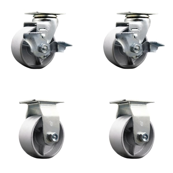 4 Inch Semi Steel Cast Iron Caster Set with Ball Bearings 2 Brakes 2 Rigid